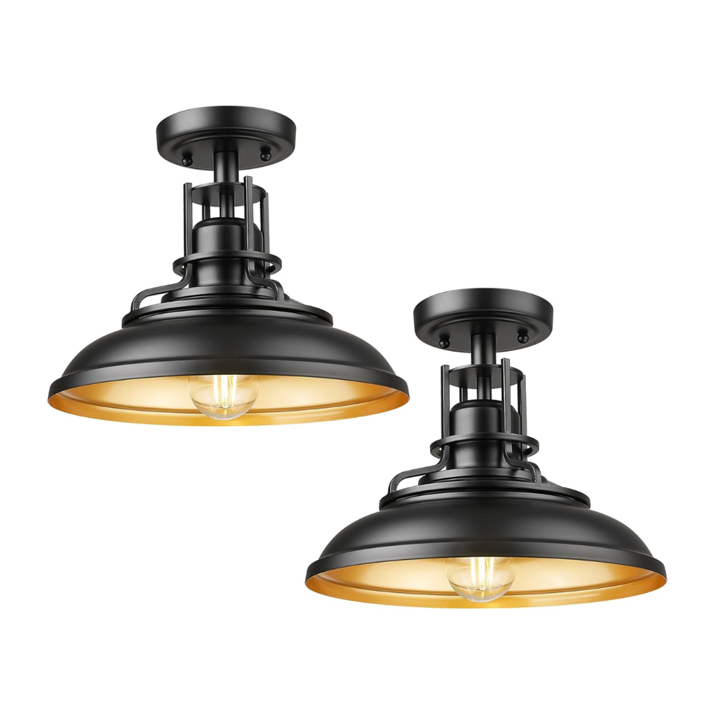Plafon Industrial Externo 30cm E26 Metal Preto/Dourado