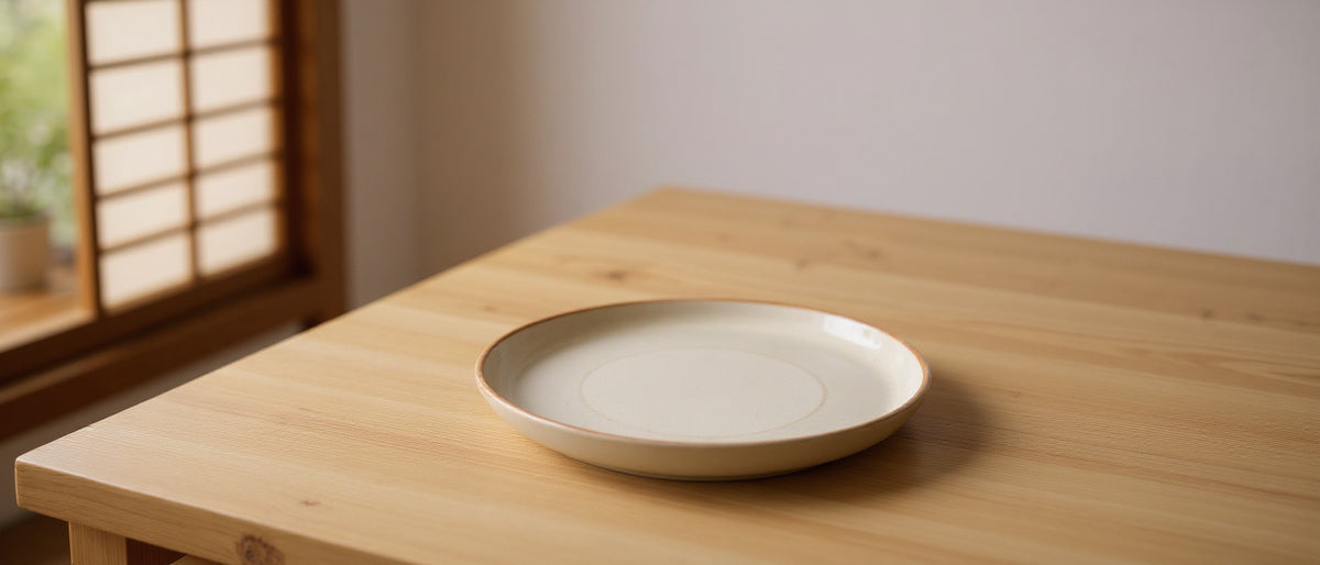 Danmero Shale Dinner Plate on a pale ash table in soft diffused daylight