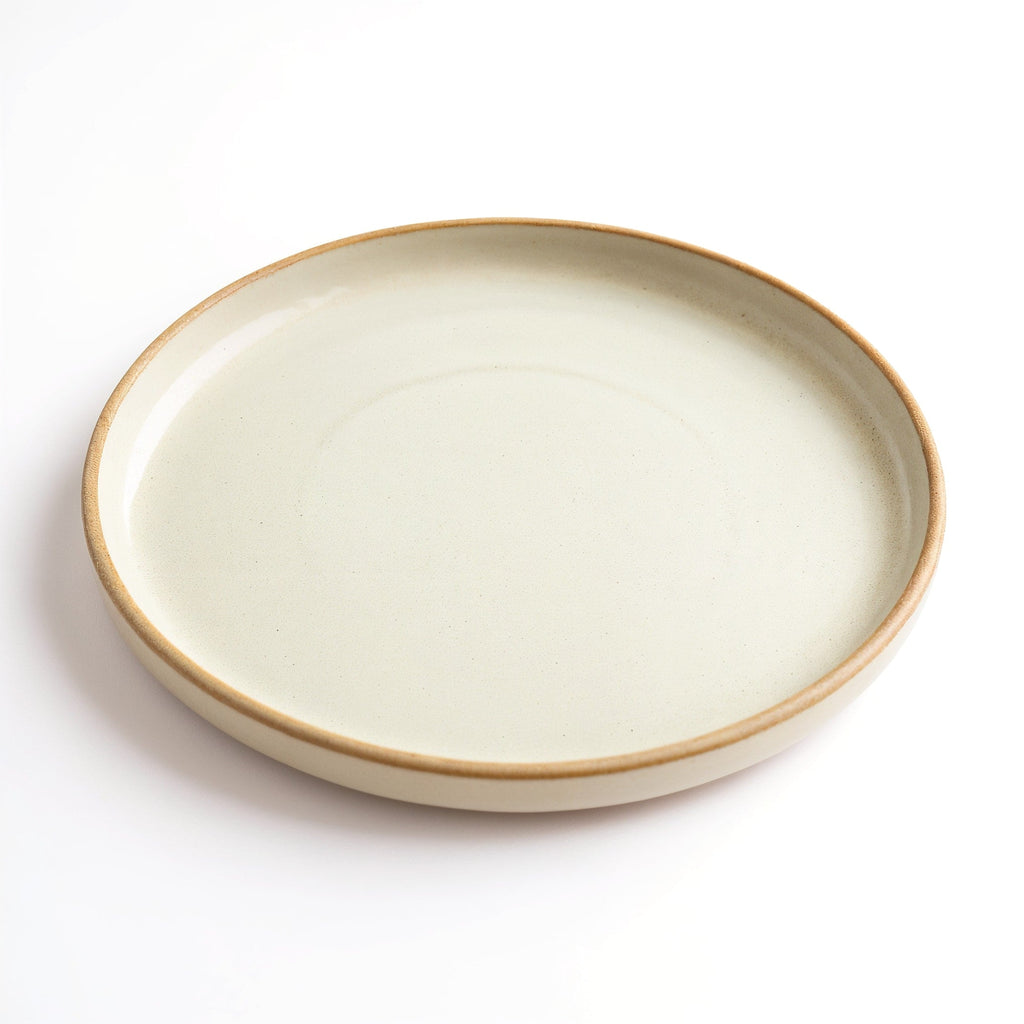 Danmero Eggshell Dinner Plate — three-quarter angled view showing top face, glaze, and raised rim