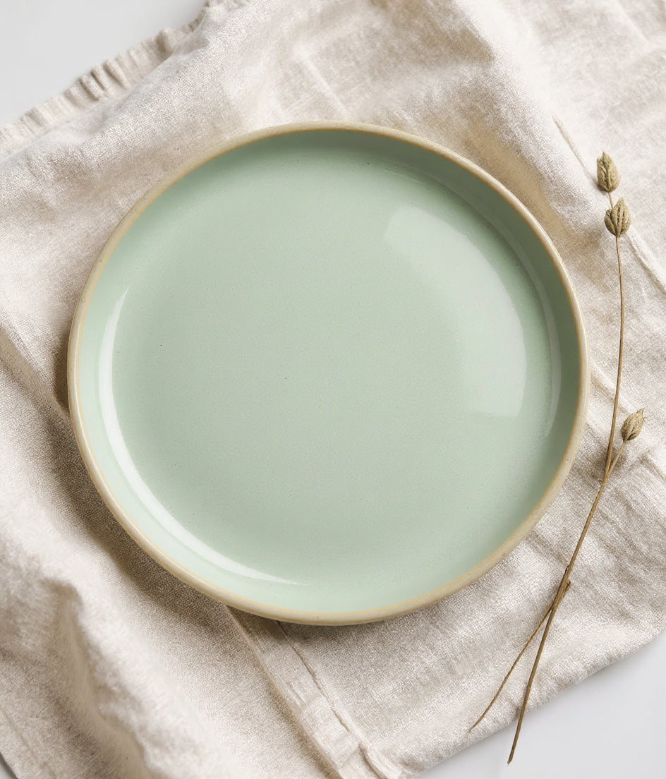 Danmero Sage Salad Plate on oatmeal linen with soft morning light