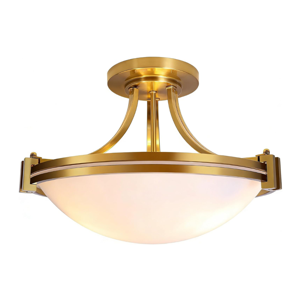 Plafon Dourado Semi Embutido 3 Luzes Vidro Leitoso Moderno