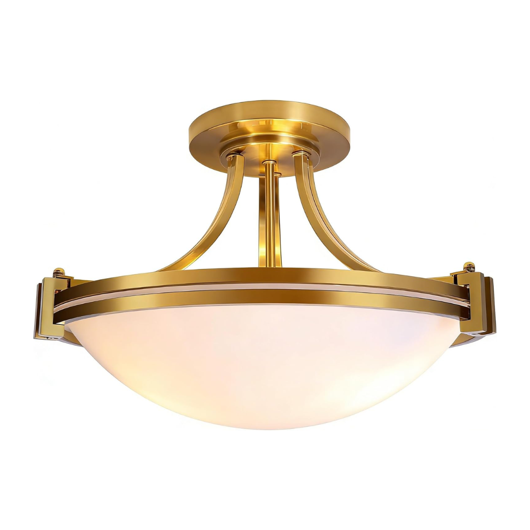Plafon Dourado Semi Embutido 3 Luzes Vidro Leitoso Moderno